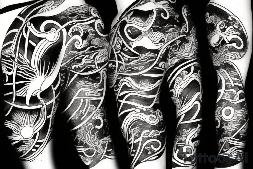 Sunset sea creatures tattoo idea