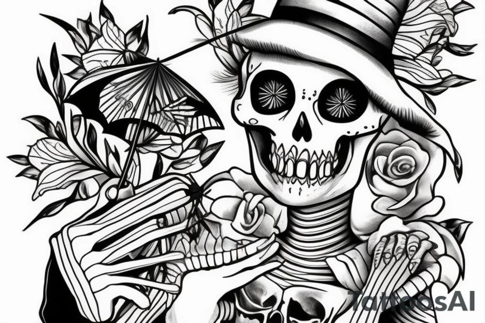 Skeleton inside of cocktail with umbrella tattoo idea