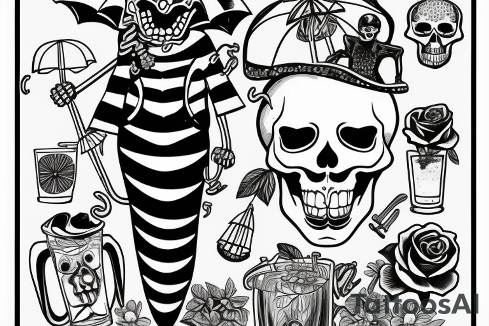 Skeleton inside of cocktail with umbrella tattoo idea
