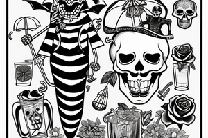 Skeleton inside of cocktail with umbrella tattoo idea