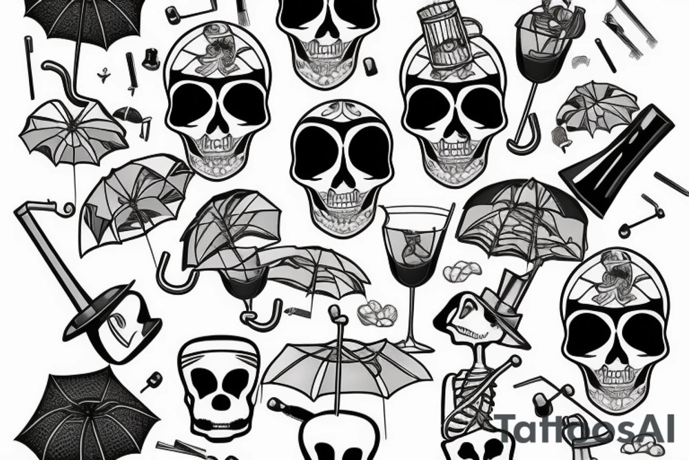 Skeleton inside of cocktail with umbrella tattoo idea