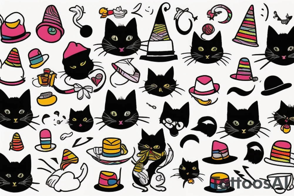 black cat with a funny hat and sweater tattoo idea