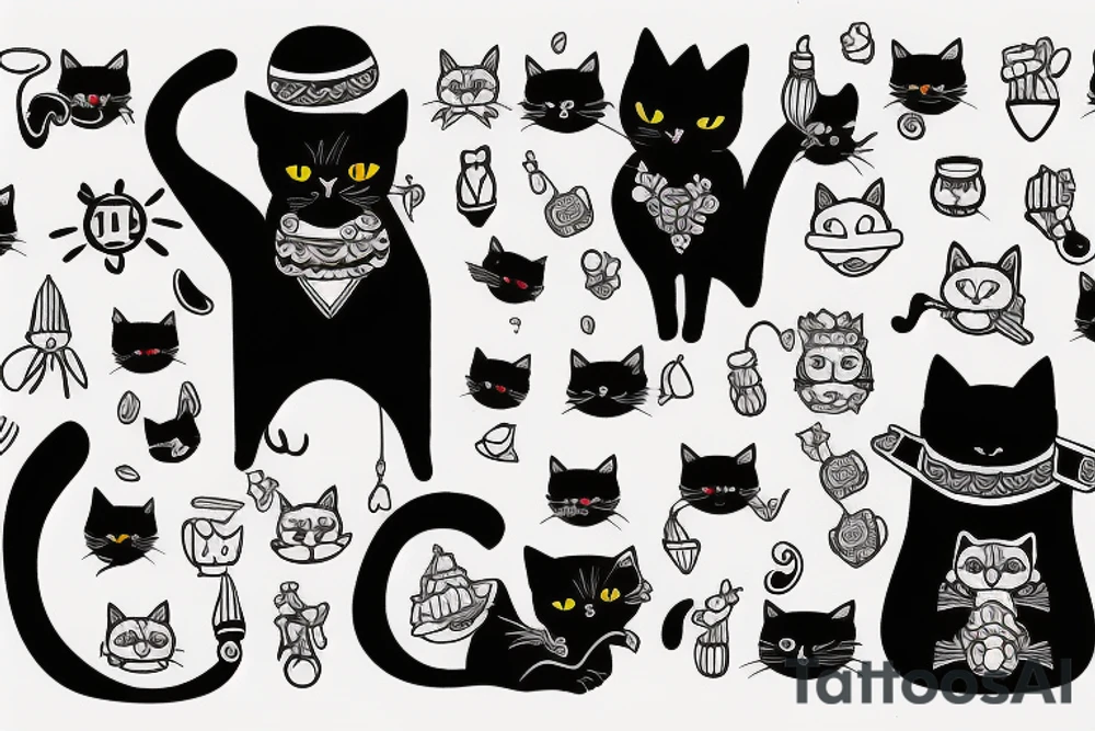 black cat with a funny hat and sweater tattoo idea