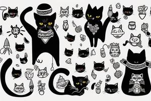 black cat with a funny hat and sweater tattoo idea