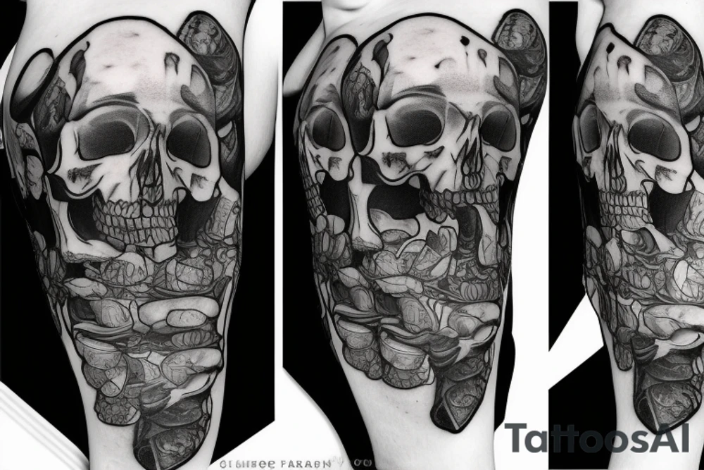 Sitting Gummy bear with half of the body showing it's anatomy skull ribs bones heart intestines tattoo idea