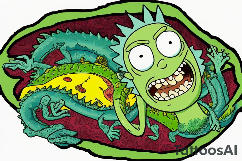 Artwork of the 'Pickle Rick' from episode of Rick and Morty, in the style of Don Ed Hardy's 'Surf or Die' artwork, featuring a wave and the wave crest as water dragon head, 'Pickle Rick' on the wave crest as on a surfboard, 'Pickle Rick' depicted as a marinated pickle with rats arms and legs tattoo idea