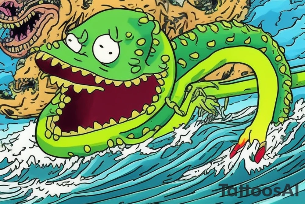 Artwork of the 'Pickle Rick' from episode of Rick and Morty, in the style of Don Ed Hardy's 'Surf or Die' artwork, featuring a wave and the wave crest as water dragon head, 'Pickle Rick' on the wave crest as on a surfboard, 'Pickle Rick' depicted as a marinated pickle with rats arms and legs tattoo idea