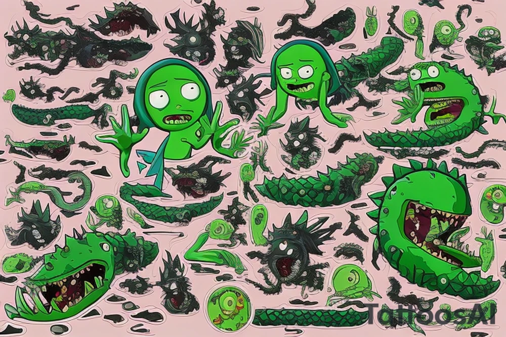 Artwork of the 'Pickle Rick' from episode of Rick and Morty, featuring a wave and the wave crest as water dragon head, 'Pickle Rick' on the wave crest as on a surfboard, 'Pickle Rick' depicted as a marinated pickle with rats arms and legs tattoo idea