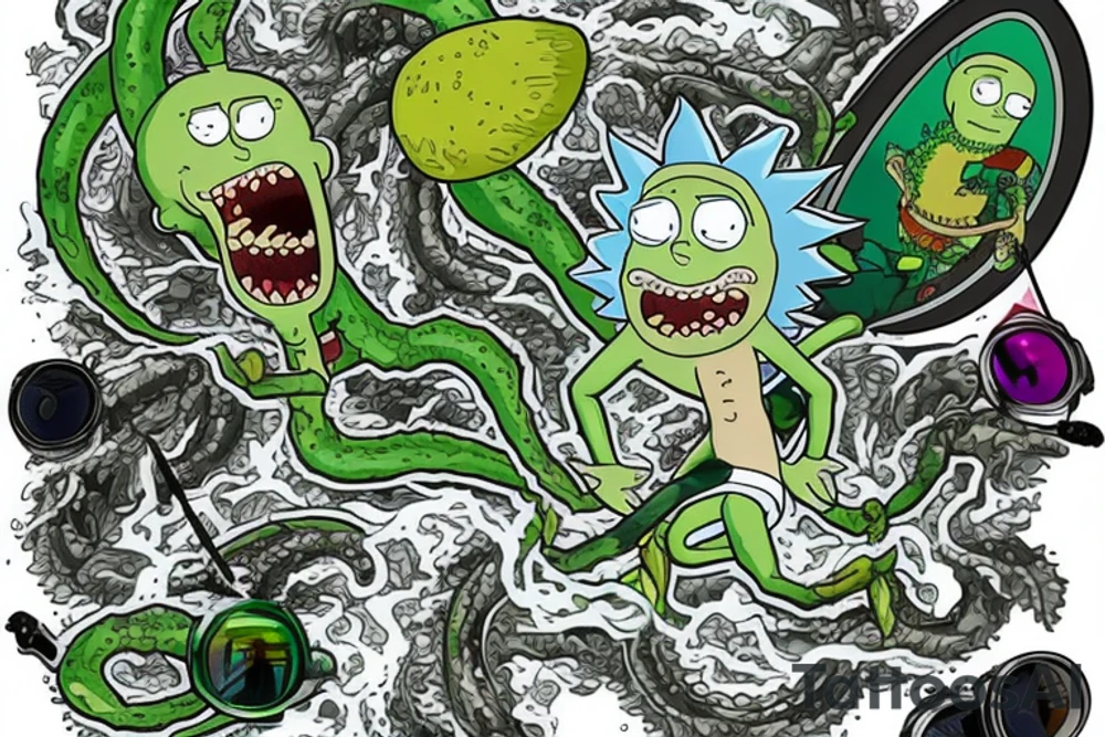 Artwork of the 'Pickle Rick' from episode of Rick and Morty, featuring a wave and the wave crest as water dragon head, 'Pickle Rick' on the wave crest as on a surfboard, 'Pickle Rick' depicted as a marinated pickle with rats arms and legs tattoo idea