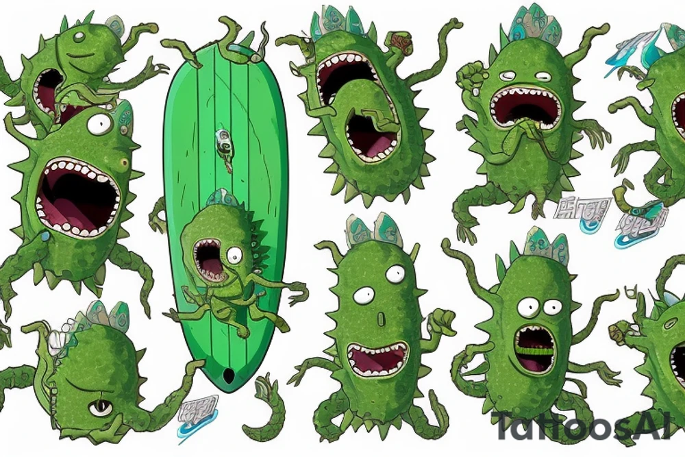 Artwork of the 'Pickle Rick' from episode of Rick and Morty, featuring a wave and the wave crest as water dragon head, 'Pickle Rick' on the wave crest as on a surfboard tattoo idea