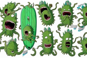 Artwork of the 'Pickle Rick' from episode of Rick and Morty, featuring a wave and the wave crest as water dragon head, 'Pickle Rick' on the wave crest as on a surfboard tattoo idea