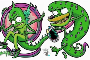 Artwork of the 'Pickle Rick' from episode of Rick and Morty, featuring a wave and the wave crest as water dragon head, 'Pickle Rick' on the wave crest as on a surfboard tattoo idea