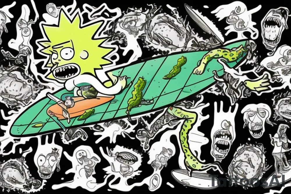 Create an art of Rick Sanchez from the famous 'Pickle Rick' episode of Rick and Morty, depicted as a marinated pickle, in the style of Don Ed Hardy's 'Surf or Die' artwork, featuring a wave and a surfboard. tattoo idea