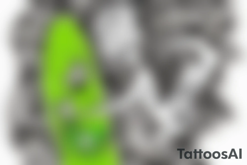 Create an art of Rick Sanchez from the famous 'Pickle Rick' episode of Rick and Morty, depicted as a marinated pickle, in the style of Don Ed Hardy's 'Surf or Die' artwork, featuring a wave and a surfboard. tattoo idea