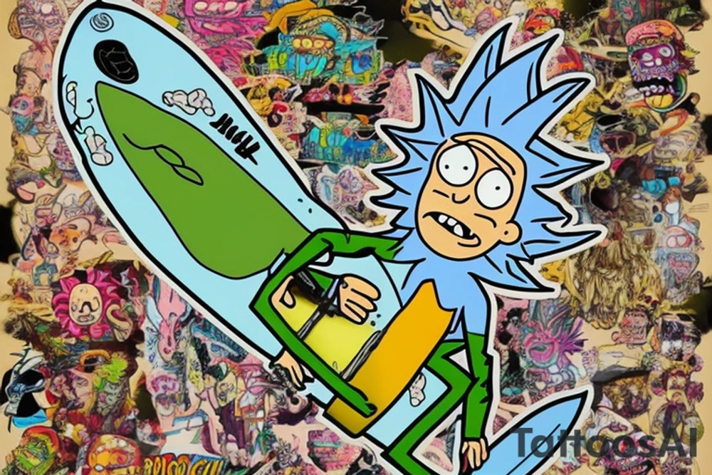 Create an art of Rick Sanchez from the famous 'Pickle Rick' episode of Rick and Morty, depicted as a marinated pickle, in the style of Don Ed Hardy's 'Surf or Die' artwork, featuring a wave and a surfboard. tattoo idea
