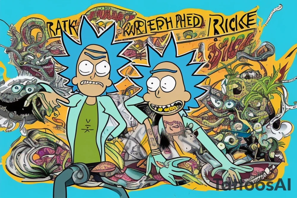 Create an art of Rick Sanchez from the famous 'Pickle Rick' episode of Rick and Morty, depicted as a marinated pickle, in the style of Don Ed Hardy's 'Surf or Die' artwork, featuring a wave and a surfboard. tattoo idea