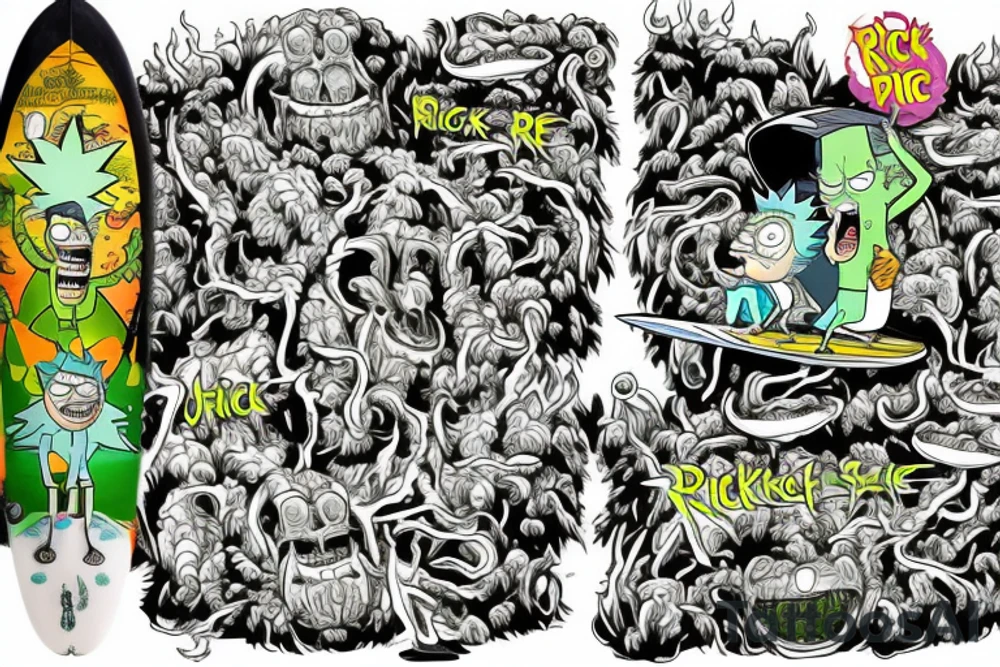 Create an art of Rick Sanchez from the famous 'Pickle Rick' episode of Rick and Morty, depicted as a marinated pickle, in the style of Don Ed Hardy's 'Surf or Die' artwork, featuring a wave and a surfboard. tattoo idea