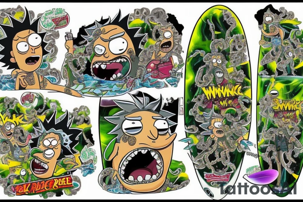 Create an art of Rick Sanchez from the famous 'Pickle Rick' episode of Rick and Morty, depicted as a marinated pickle, in the style of Don Ed Hardy's 'Surf or Die' artwork, featuring a wave and a surfboard. tattoo idea