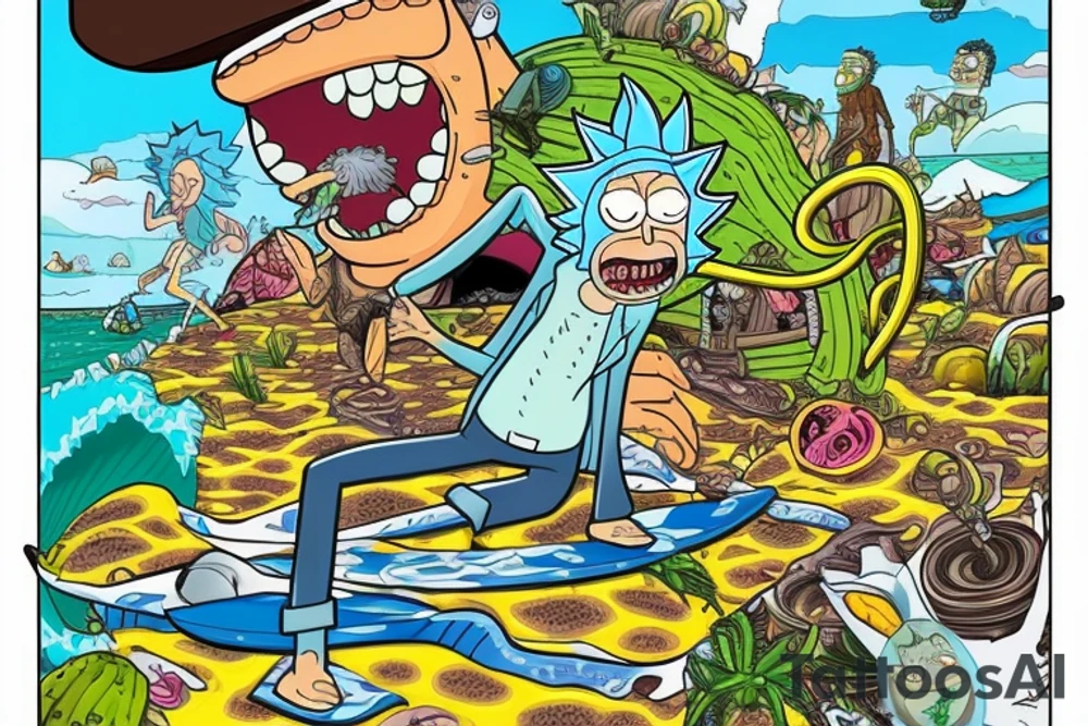 Create an art of Rick Sanchez from the famous 'Pickle Rick' episode of Rick and Morty, depicted as a marinated pickle, in the style of Don Ed Hardy's 'Surf or Die' artwork, featuring a wave and a surfboard. tattoo idea