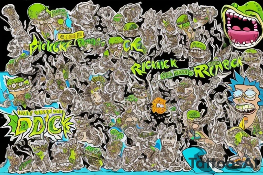Create an art of Rick Sanchez from the famous 'Pickle Rick' episode of Rick and Morty, depicted as a marinated pickle, in the style of Don Ed Hardy's 'Surf or Die' artwork, featuring a wave and a surfboard. tattoo idea