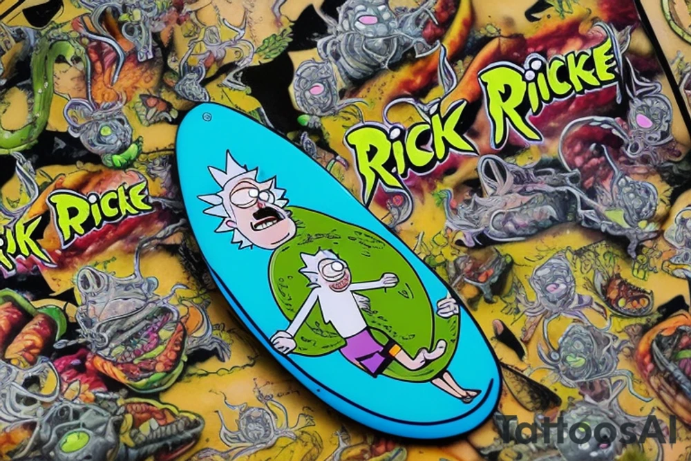 Create an art of Rick Sanchez from the famous 'Pickle Rick' episode of Rick and Morty, depicted as a marinated pickle, in the style of Don Ed Hardy's 'Surf or Die' artwork, featuring a wave and a surfboard. tattoo idea