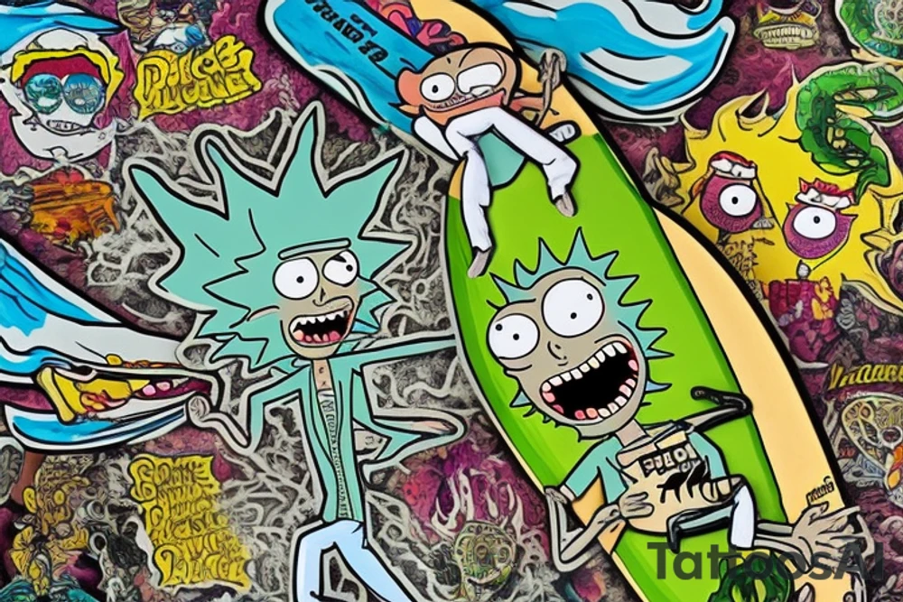 Create an art of Rick Sanchez from the famous 'Pickle Rick' episode of Rick and Morty, depicted as a marinated pickle, in the style of Don Ed Hardy's 'Surf or Die' artwork, featuring a wave and a surfboard. tattoo idea