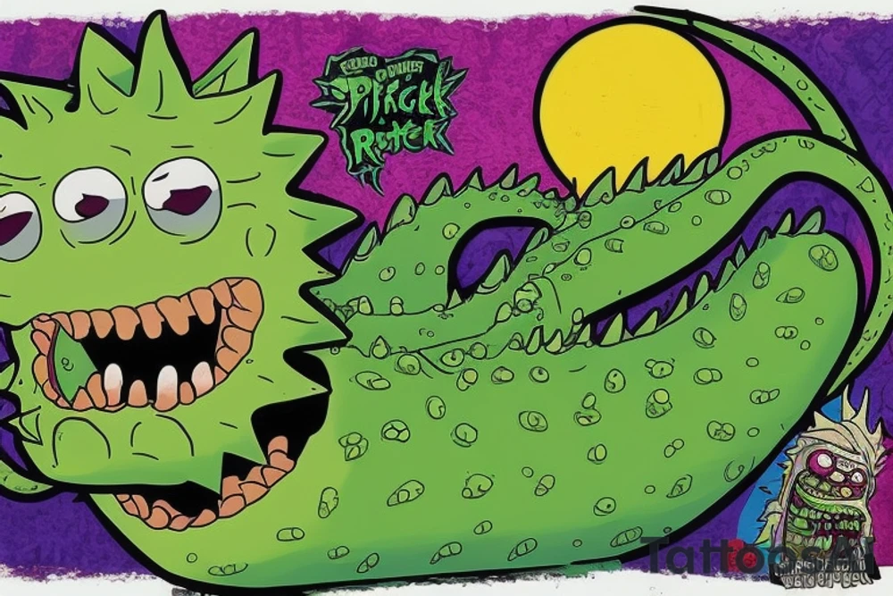 Create an artwork of the 'Pickle Rick' from episode of Rick and Morty, in the style of Don Ed Hardy's 'Surf or Die' artwork, featuring a wave and the wave crest as water dragon head, 'Pickle Rick' on the wave crest as on a surfboard, 'Pickle Rick' depicted as a marinated pickle with rats arms and legs tattoo idea