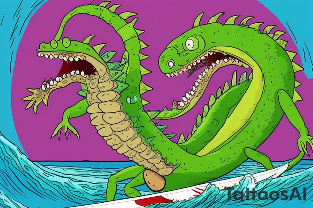 Create an artwork of the 'Pickle Rick' from episode of Rick and Morty, in the style of Don Ed Hardy's 'Surf or Die' artwork, featuring a wave and the wave crest as water dragon head, 'Pickle Rick' on the wave crest as on a surfboard, 'Pickle Rick' depicted as a marinated pickle with rats arms and legs tattoo idea