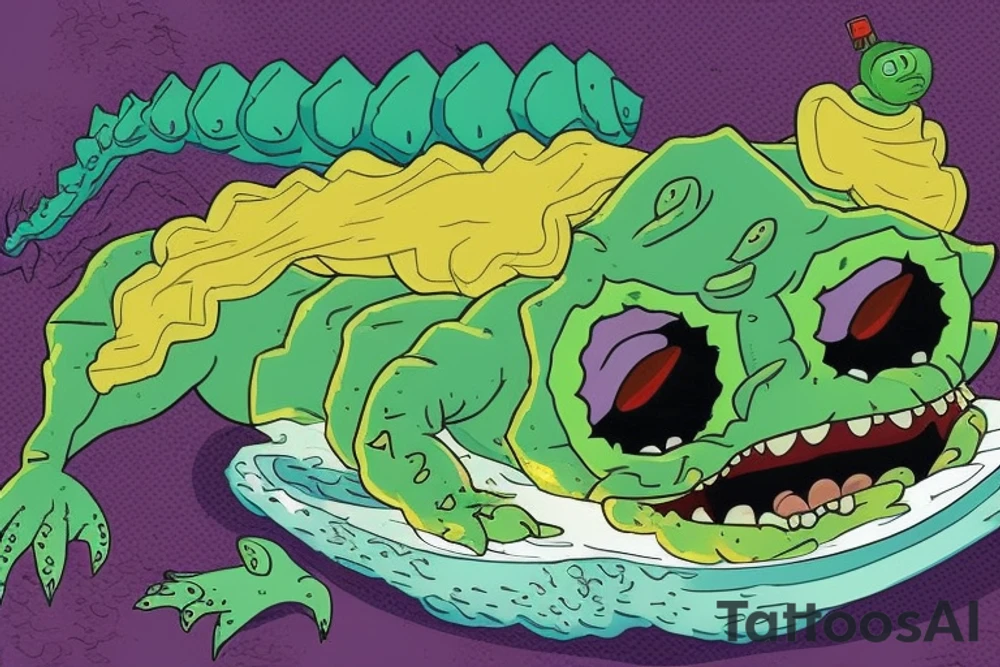 Create an artwork of the 'Pickle Rick' from episode of Rick and Morty, in the style of Don Ed Hardy's 'Surf or Die' artwork, featuring a wave and the wave crest as water dragon head, 'Pickle Rick' on the wave crest as on a surfboard, 'Pickle Rick' depicted as a marinated pickle with rats arms and legs tattoo idea