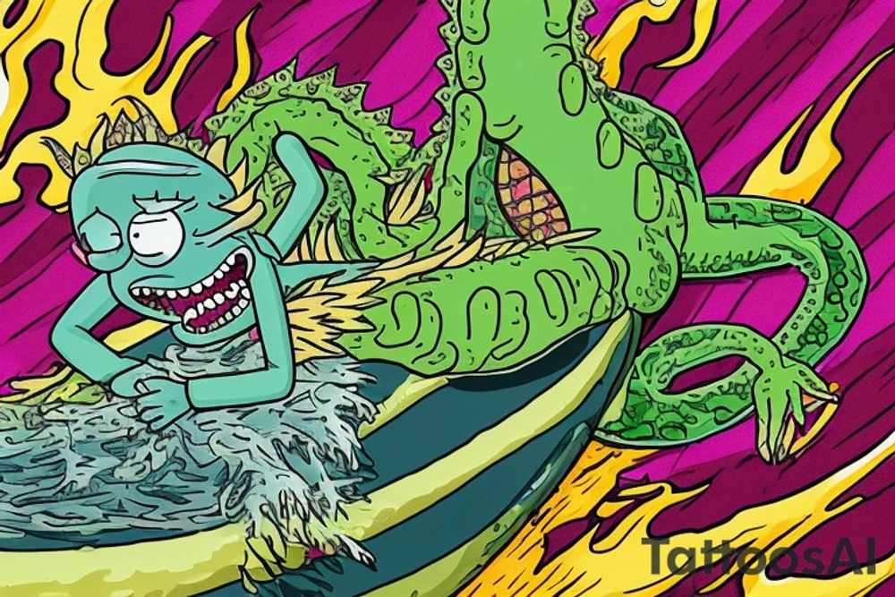 Create an artwork of the 'Pickle Rick' from episode of Rick and Morty, in the style of Don Ed Hardy's 'Surf or Die' artwork, featuring a wave and the wave crest as water dragon head, 'Pickle Rick' on the wave crest as on a surfboard, 'Pickle Rick' depicted as a marinated pickle with rats arms and legs tattoo idea