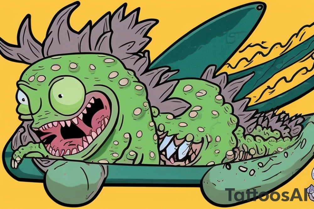 Create an artwork of the 'Pickle Rick' from episode of Rick and Morty, in the style of Don Ed Hardy's 'Surf or Die' artwork, featuring a wave and the wave crest as water dragon head, 'Pickle Rick' on the wave crest as on a surfboard, 'Pickle Rick' depicted as a marinated pickle tattoo idea