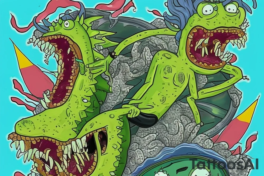 Create an artwork of the 'Pickle Rick' from episode of Rick and Morty, in the style of Don Ed Hardy's 'Surf or Die' artwork, featuring a wave and the wave crest as water dragon head, 'Pickle Rick' on the wave crest as on a surfboard, 'Pickle Rick' depicted as a marinated pickle tattoo idea