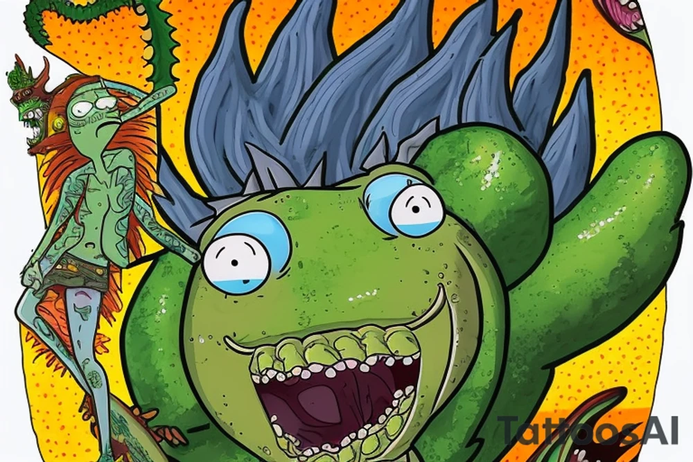 Create an artwork of the 'Pickle Rick' from episode of Rick and Morty, in the style of Don Ed Hardy's 'Surf or Die' artwork, featuring a wave and the wave crest as water chines dragon head, 'Pickle Rick' on the wave crest as on a surfboard, 'Pickle Rick' depicted as a marinated pickle tattoo idea