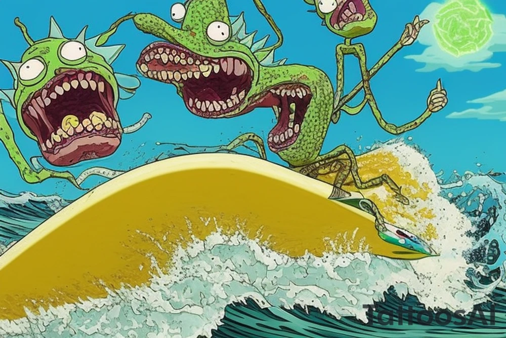 Create an artwork of the 'Pickle Rick' from episode of Rick and Morty, in the style of Don Ed Hardy's 'Surf or Die' artwork, featuring a wave and the wave crest as water chines dragon head, 'Pickle Rick' on the wave crest as on a surfboard, 'Pickle Rick' depicted as a marinated pickle tattoo idea