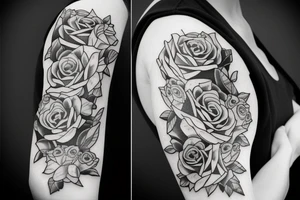 shoulder sleeve with rose, tiger, eye, tattoo idea