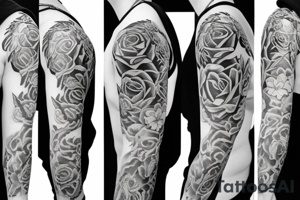 shoulder sleeve with rose and eagel tattoo idea