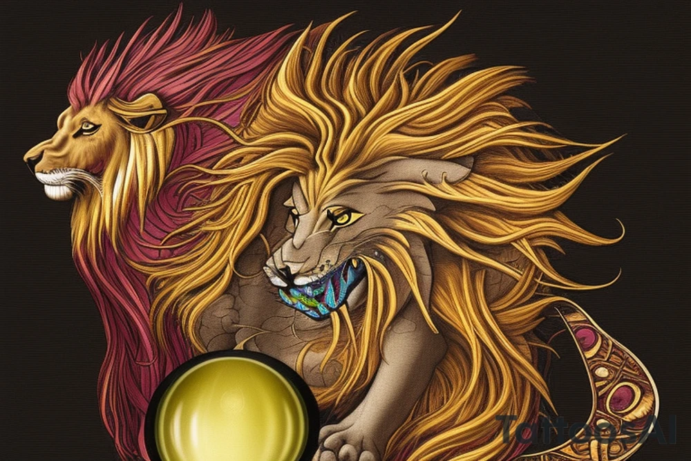 mystical lion-dragon pegasus shaman, with a mix of lion and dragon features, and holding a crystal ball. The design incorporates negative space to represent the dragon in the background, with the lion's mane becoming the shadow. The dragon's legs are included to help hold the empty crystal ball, with a mixture of lion's feet and dragon's claws. The overall style is mystical and spiritual in nature. tattoo idea