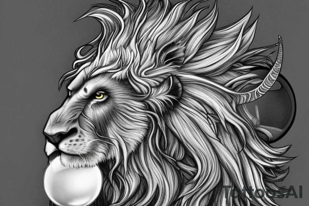mystical lion-dragon pegasus shaman, with a mix of lion and dragon features, and holding a crystal ball. The design incorporates negative space to represent the dragon in the background, with the lion's mane becoming the shadow. The dragon's legs are included to help hold the empty crystal ball, with a mixture of lion's feet and dragon's claws. The overall style is mystical and spiritual in nature. tattoo idea