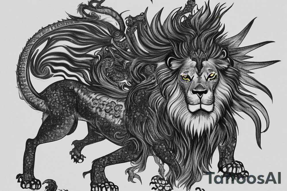 mystical lion-dragon pegasus shaman, with a mix of lion and dragon features, and holding a crystal ball. The design incorporates negative space to represent the dragon in the background, with the lion's mane becoming the shadow. The dragon's legs are included to help hold the empty crystal ball, with a mixture of lion's feet and dragon's claws. The overall style is mystical and spiritual in nature. tattoo idea