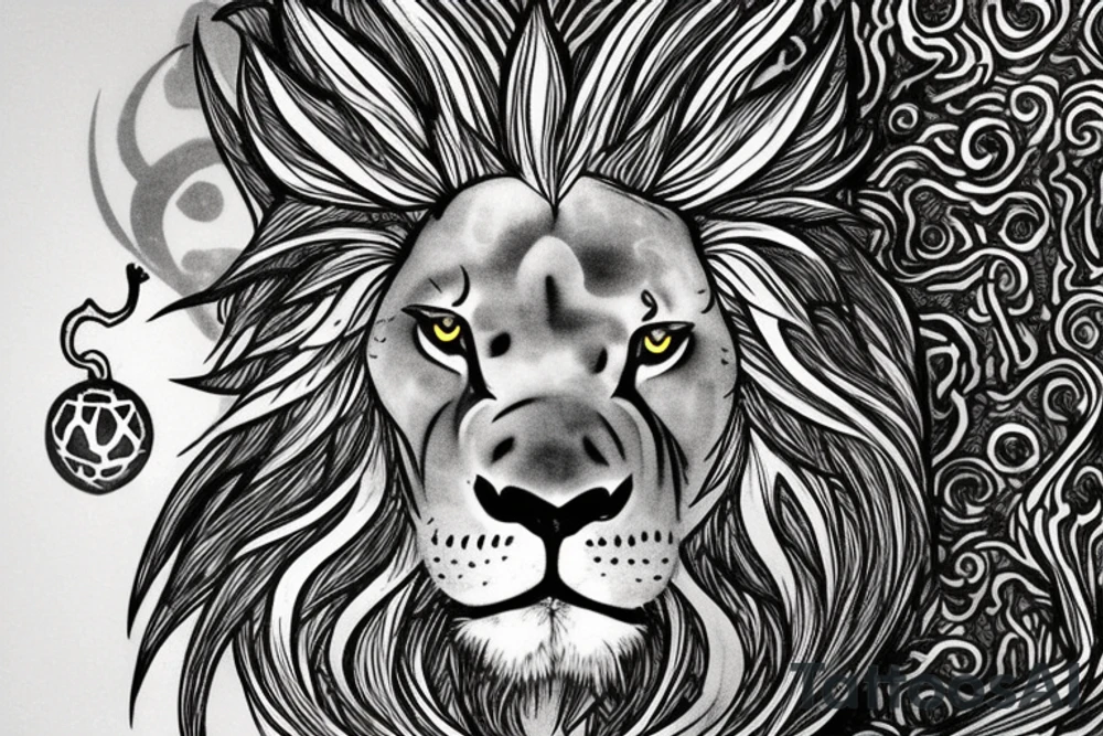 mystical lion-dragon pegasus shaman, with a mix of lion and dragon features, and holding a crystal ball. The design incorporates negative space to represent the dragon in the background, with the lion's mane becoming the shadow. The dragon's legs are included to help hold the empty crystal ball, with a mixture of lion's feet and dragon's claws. The overall style is mystical and spiritual in nature. tattoo idea