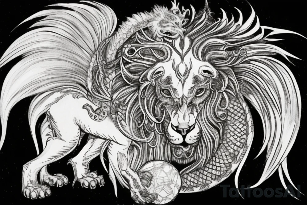 mystical lion-dragon pegasus shaman, with a mix of lion and dragon features, and holding a crystal ball. The design incorporates negative space to represent the dragon in the background, with the lion's mane becoming the shadow. The dragon's legs are included to help hold the empty crystal ball, with a mixture of lion's feet and dragon's claws. The overall style is mystical and spiritual in nature. tattoo idea