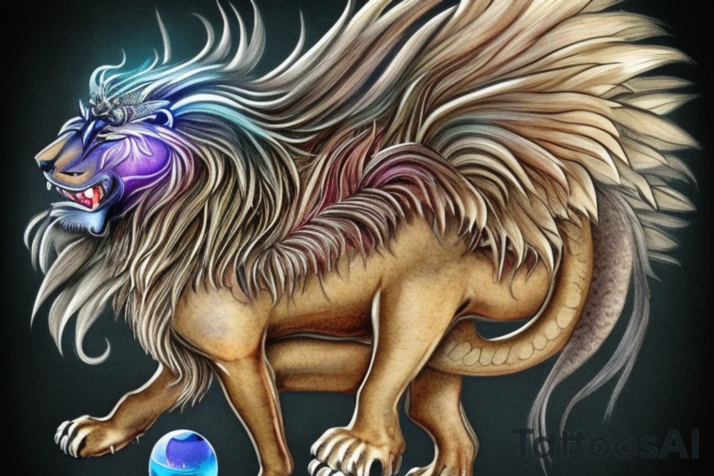 mystical lion-dragon pegasus shaman, with a mix of lion and dragon features, and holding a crystal ball. The design incorporates negative space to represent the dragon in the background, with the lion's mane becoming the shadow. The dragon's legs are included to help hold the empty crystal ball, with a mixture of lion's feet and dragon's claws. The overall style is mystical and spiritual in nature. tattoo idea