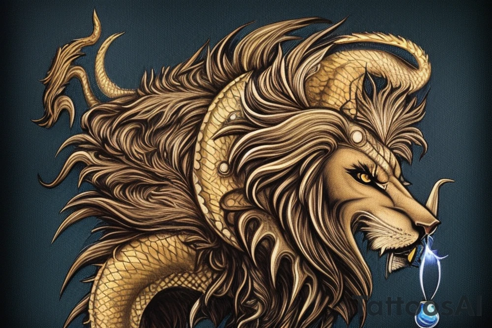 mystical lion-dragon pegasus shaman, with a mix of lion and dragon features, and holding a crystal ball. The design incorporates negative space to represent the dragon in the background, with the lion's mane becoming the shadow. The dragon's legs are included to help hold the empty crystal ball, with a mixture of lion's feet and dragon's claws. The overall style is mystical and spiritual in nature. tattoo idea