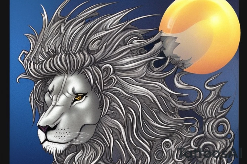 mystical lion-dragon pegasus shaman, with a mix of lion and dragon features, and holding a crystal ball. The design incorporates negative space to represent the dragon in the background, with the lion's mane becoming the shadow. The dragon's legs are included to help hold the empty crystal ball, with a mixture of lion's feet and dragon's claws. The overall style is mystical and spiritual in nature. tattoo idea