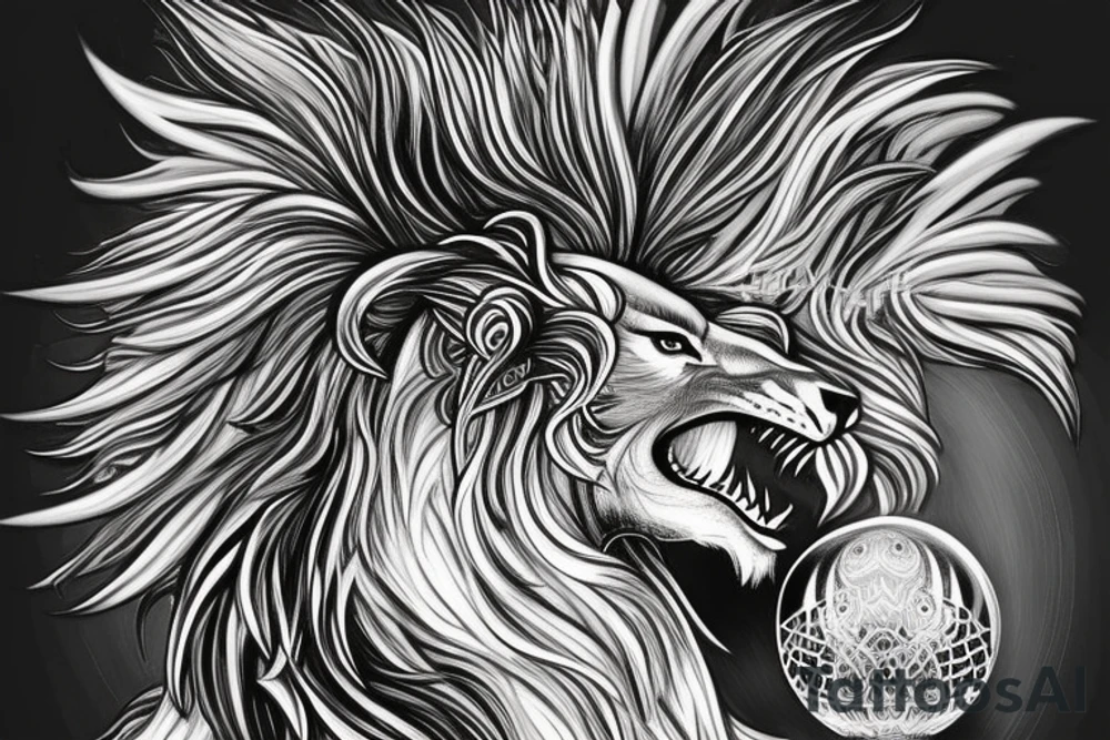 mystical lion-dragon pegasus shaman, with a mix of lion and dragon features, and holding a crystal ball. The design incorporates negative space to represent the dragon in the background, with the lion's mane becoming the shadow. The dragon's legs are included to help hold the empty crystal ball, with a mixture of lion's feet and dragon's claws. The overall style is mystical and spiritual in nature. tattoo idea