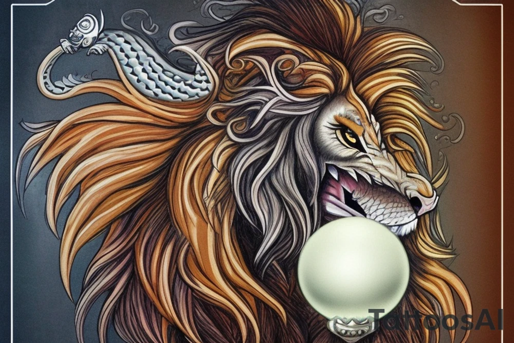 mystical lion-dragon pegasus shaman, with a mix of lion and dragon features, and holding a crystal ball. The design incorporates negative space to represent the dragon in the background, with the lion's mane becoming the shadow. The dragon's legs are included to help hold the empty crystal ball, with a mixture of lion's feet and dragon's claws. The overall style is mystical and spiritual in nature. tattoo idea