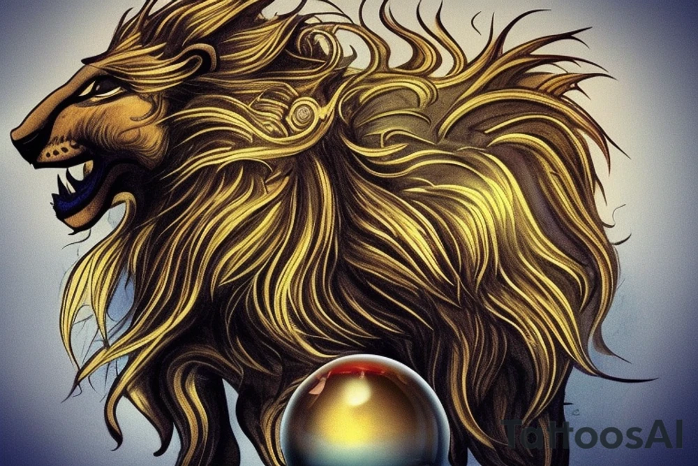 mystical lion-dragon pegasus shaman, with a mix of lion and dragon features, and holding a crystal ball. The design incorporates negative space to represent the dragon in the background, with the lion's mane becoming the shadow. The dragon's legs are included to help hold the empty crystal ball, with a mixture of lion's feet and dragon's claws. The overall style is mystical and spiritual in nature. tattoo idea