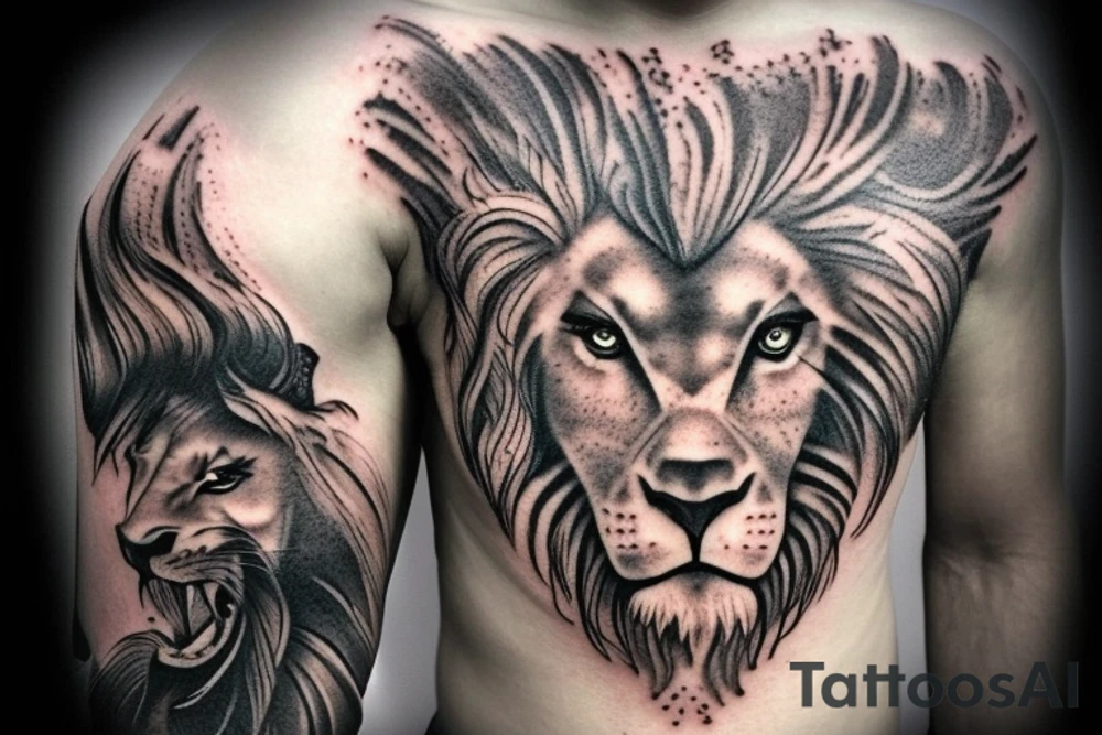 Shoulder sleeve tattoo
mystical lion-dragon pegasus shaman, with a mix of lion and dragon features, and holding a crystal ball. The design incorporates negative space to represent the dragon in the background, with the lion's mane becoming the shadow. The dragon's legs are included to help hold the empty crystal ball, with a mixture of lion's feet and dragon's claws. The overall style is mystical and spiritual in nature. tattoo idea