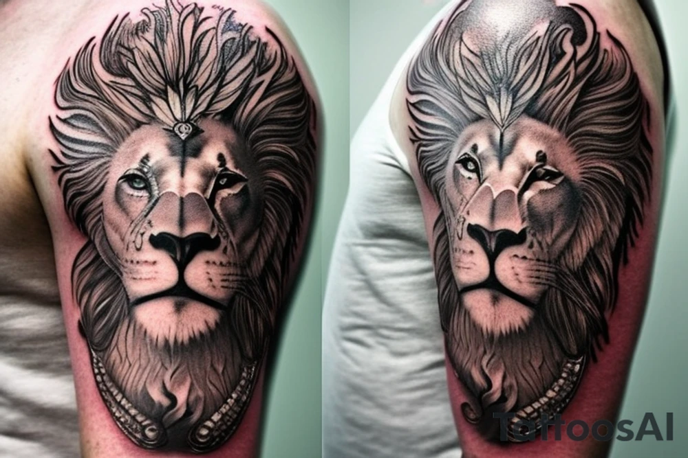 Shoulder sleeve tattoo
mystical lion-dragon pegasus shaman, with a mix of lion and dragon features, and holding a crystal ball. The design incorporates negative space to represent the dragon in the background, with the lion's mane becoming the shadow. The dragon's legs are included to help hold the empty crystal ball, with a mixture of lion's feet and dragon's claws. The overall style is mystical and spiritual in nature. tattoo idea