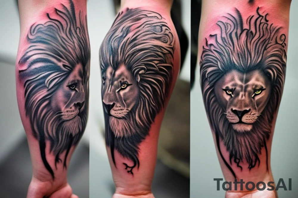 Shoulder sleeve tattoo
mystical lion-dragon pegasus shaman, with a mix of lion and dragon features, and holding a crystal ball. The design incorporates negative space to represent the dragon in the background, with the lion's mane becoming the shadow. The dragon's legs are included to help hold the empty crystal ball, with a mixture of lion's feet and dragon's claws. The overall style is mystical and spiritual in nature. tattoo idea